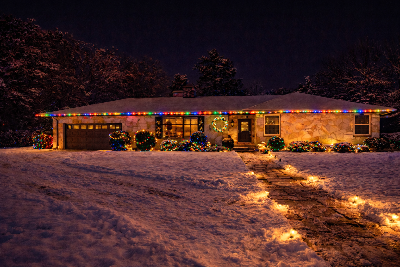 House with Christmas lights and pathway lighting in the snow