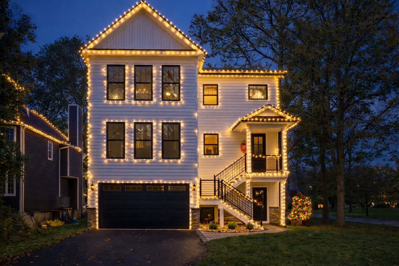 Modern house outlined with warm white holiday lights at dusk